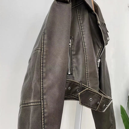 Mauroicardi Women Spring PU Leather Moto Jacket Distressed by zapcart