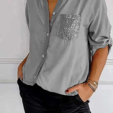 Women V-Neck Sequin Blouse Long Sleeve Chic Office Casual by zapcart