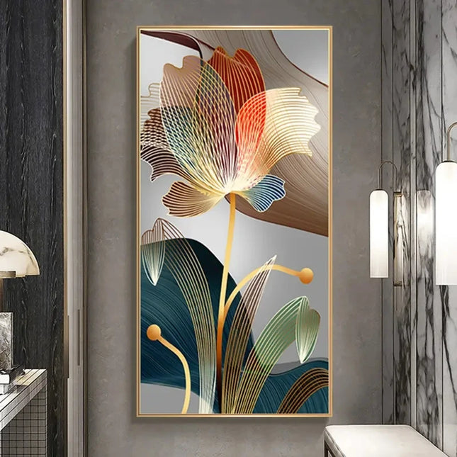 Abstract Flower Canvas Painting Golden Lines Living Room by zapcart