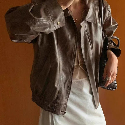 PU Leather Biker Jacket Women Loose Fit Vintage Style by zapcart