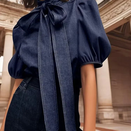 Gymystars Denim Blouse For Women Bow Embellished High Neck by zapcart