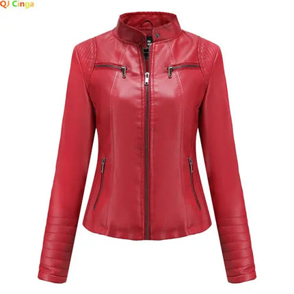 Bright Red PU Leather Jacket For Women Slim V Neck Coat by zapcart
