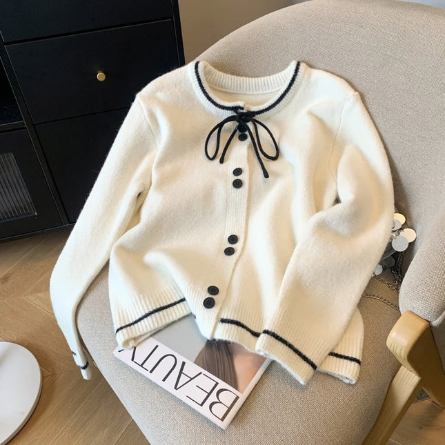 Women's Lace Up Bow Cardigan Sweater Single Breasted CN by zapcart