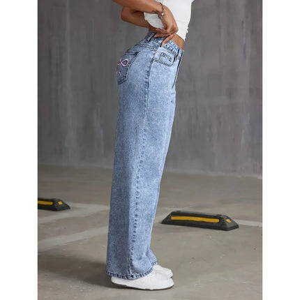 Denim Wide Leg Jeans High Waisted Bow Embroidered Women by zapcart