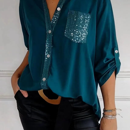 Women V-Neck Sequin Blouse Long Sleeve Chic Office Casual by zapcart