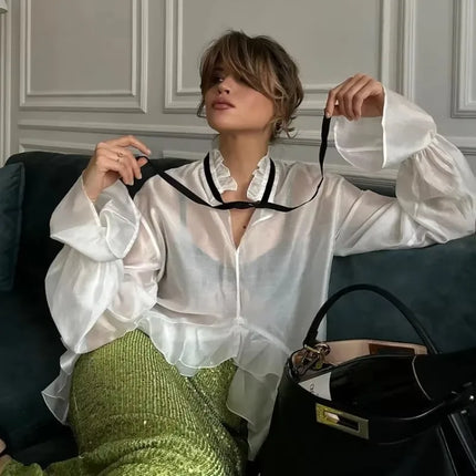 Talenza White See Through Shirt Women With Ruffle Collar by zapcart