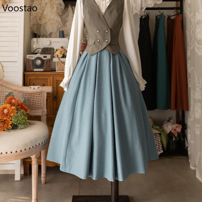 Voostao Victorian Lolita Midi Skirt Women Timeless Button by zapcart