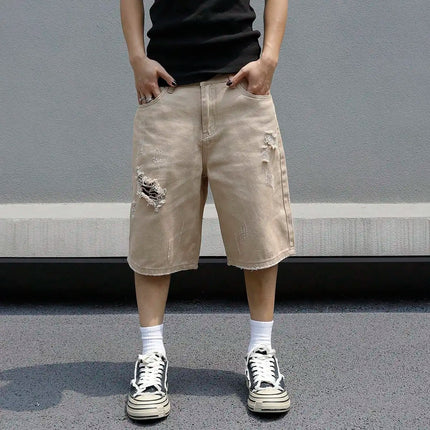 LVCCCI Denim Shorts For Men Baggy Stretch Ripped Knee by zapcart