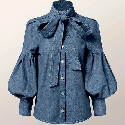 Gymystars Denim Blouse For Women Bow Embellished High Neck by zapcart