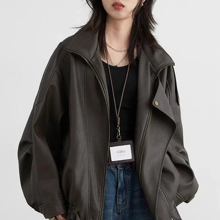 Chic Ven PU Jacket Women Retro Motorcycle Faux Leather Coat by zapcart