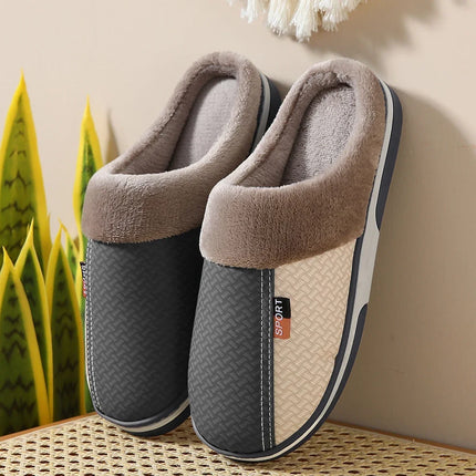 Men's Cozy Plush Slippers Non Slip Waterproof PU Leather by zapcart