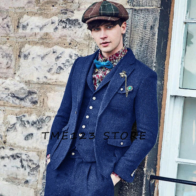 Mens Herringbone Wool 3 Piece Suit By CN Jiangsu Slim Fit by zapcart
