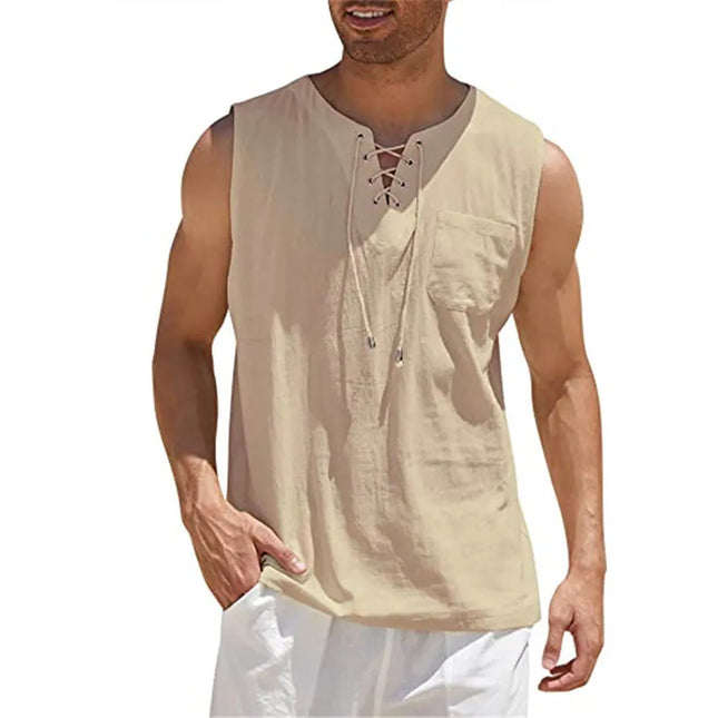 Mens Casual Sleeveless Vest With Lace Up V Neck Realxizicn by zapcart