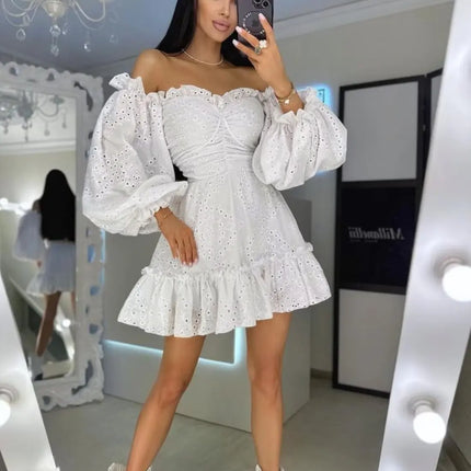 Women Embroidery Hollow Out Dress With Puff Sleeves Lace Up by zapcart