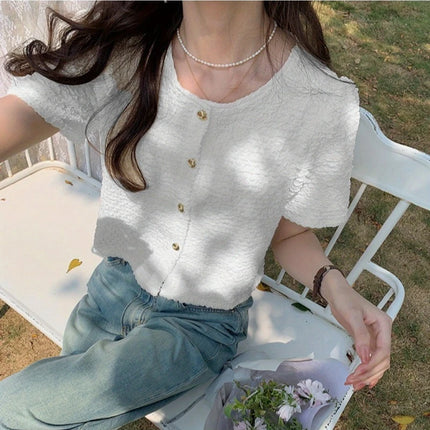 Summer Short Sleeve O Neck Women Blouse White Top Versatile by zapcart