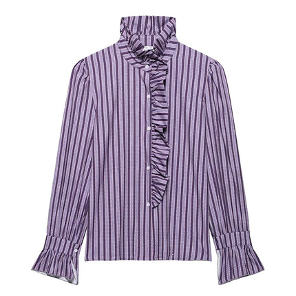 Ruffled Blouse Women Casual Striped Chiffon Purple by zapcart