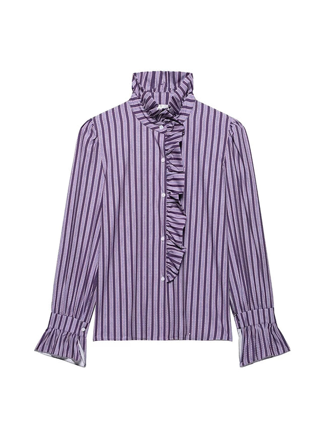 Ruffled Blouse Women Casual Striped Chiffon Purple by zapcart
