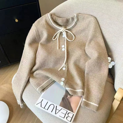 Women's Lace Up Bow Cardigan Sweater Single Breasted CN by zapcart
