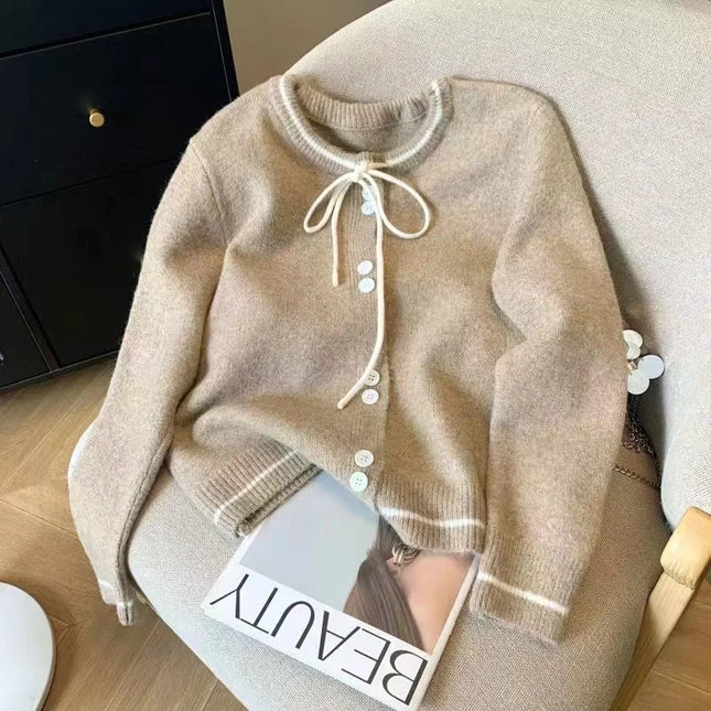 Women's Lace Up Bow Cardigan Sweater Single Breasted CN by zapcart