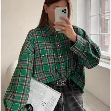 Women Plaid Shirt Oversized Pocket Turndown Collar Blouse by zapcart