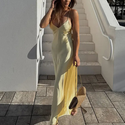 Yellow Satin Sling Maxi Dress Women Backless Evening Gown by zapcart