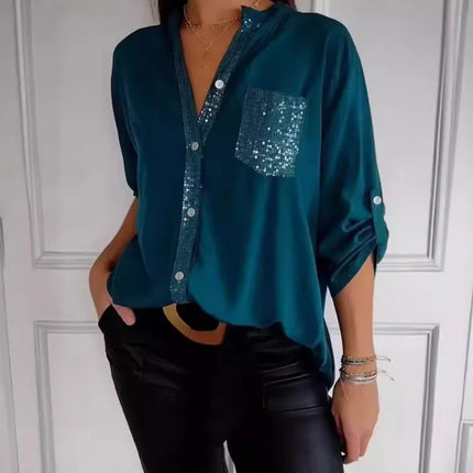 Women V-Neck Sequin Blouse Long Sleeve Chic Office Casual by zapcart