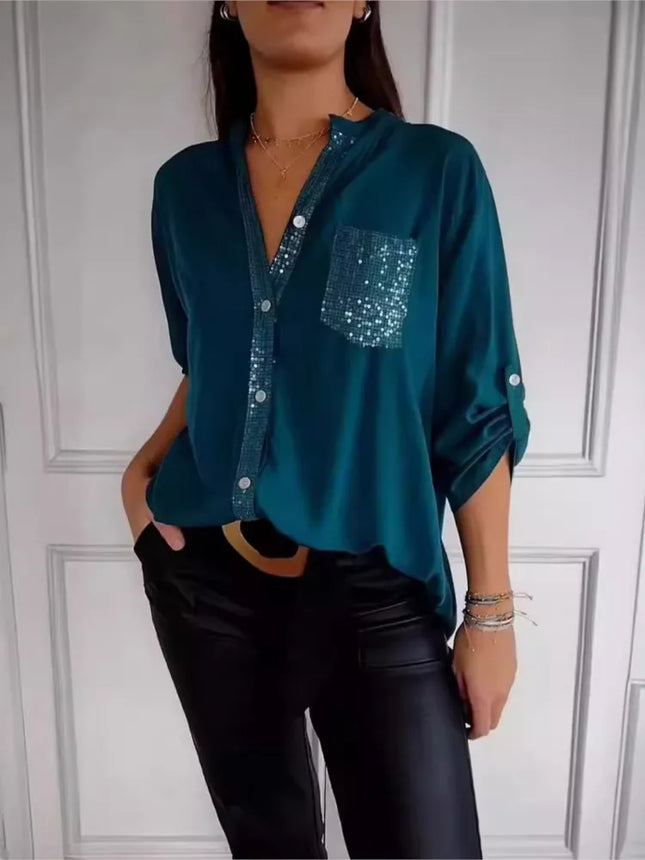 Women V-Neck Sequin Blouse Long Sleeve Chic Office Casual by zapcart
