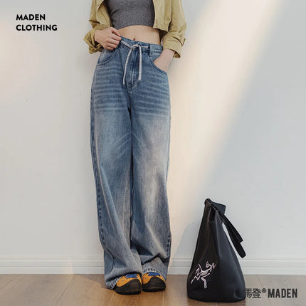 Maden Light Blue Wide Leg Jeans Women Drawstring Waistband by zapcart