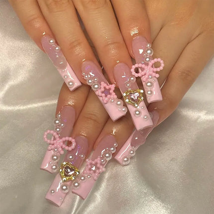 Extra Long Press On Nails Glue Included Bear Bow For Women by zapcart