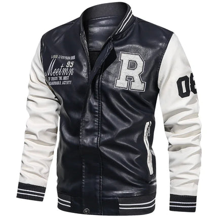 Men PU Leather Jacket Pilot Collar Moto Style Color Block by zapcart