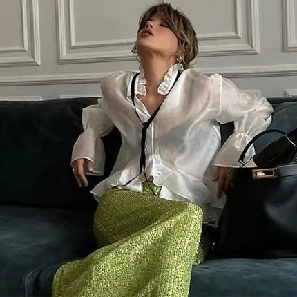Talenza White See Through Shirt Women With Ruffle Collar by zapcart