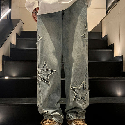 CN Guangdong Star Embroidered Men Jeans Wide Leg Streetwear by zapcart