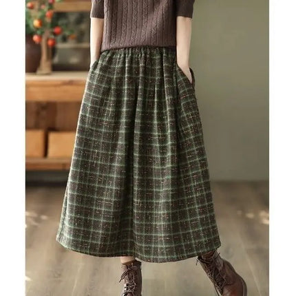 Qarkash Vintage Plaid Midi Skirt For Women High Waist Baggy by zapcart