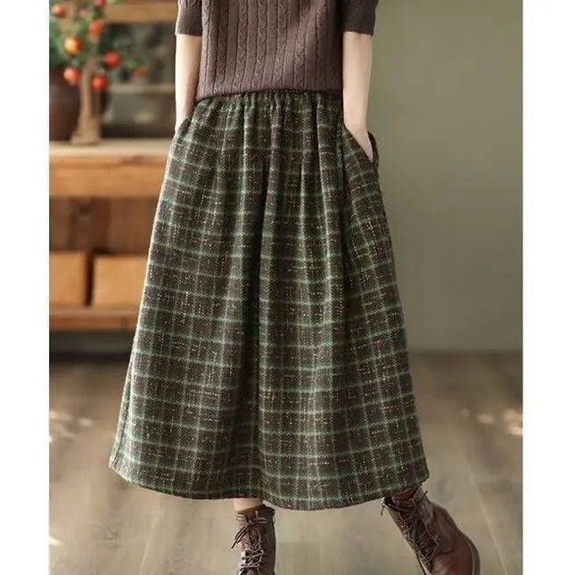 Qarkash Vintage Plaid Midi Skirt For Women High Waist Baggy by zapcart