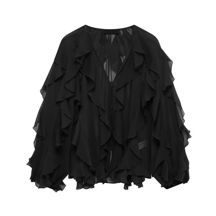 Tangada Women Wine Red Ruffles Shirt Oversized Long Sleeve by zapcart