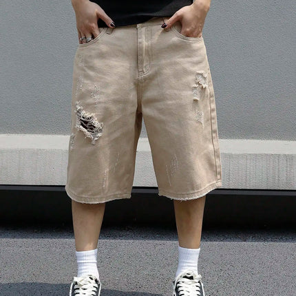 LVCCCI Denim Shorts For Men Baggy Stretch Ripped Knee by zapcart