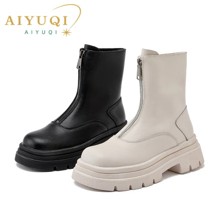 AIYUQI Women Chelsea Boots Genuine Leather Front Zipper