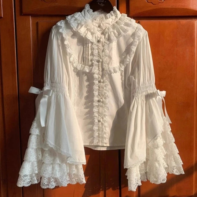Japanese Kawaii Lolita Flare Sleeve Patchwork Women Blouse by zapcart