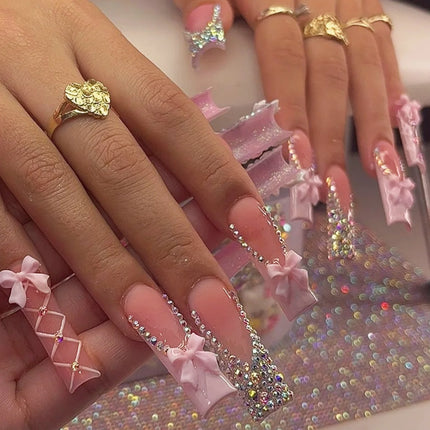 Extra Long Press On Nails Glue Included Bear Bow For Women by zapcart