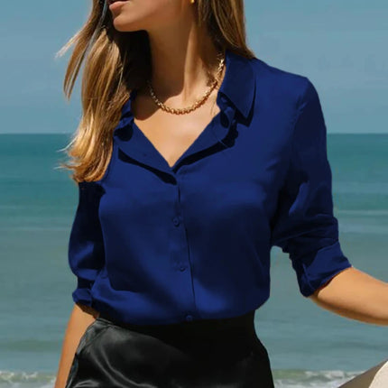 Elegant Women Silk Satin Blouse Long Sleeve Office Wear by zapcart