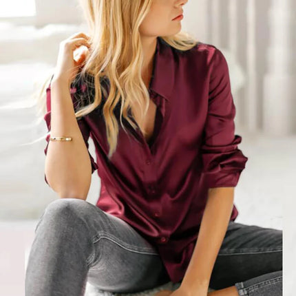Elegant Women Silk Satin Blouse Long Sleeve Office Wear by zapcart