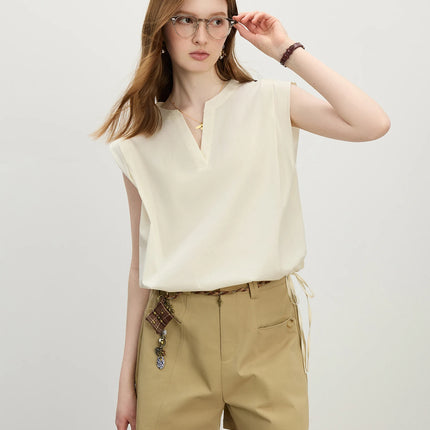 FSLE Women Sleeveless VNeck Blouse With Drawstring Tie by zapcart