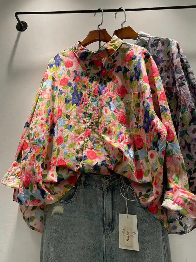 Plus Size Harajuku Rose Print Cotton Blouse For Women by zapcart