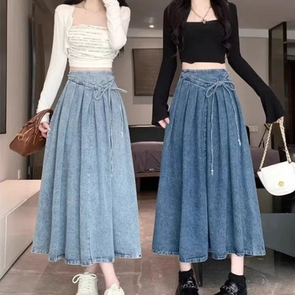 High Waisted Denim A Line Skirt Elastic Waist For Women by zapcart