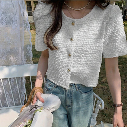Summer Short Sleeve O Neck Women Blouse White Top Versatile by zapcart