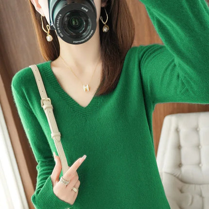 Women V Neck Knit Sweater Slim Fit Soft Knitwear Winter by zapcart