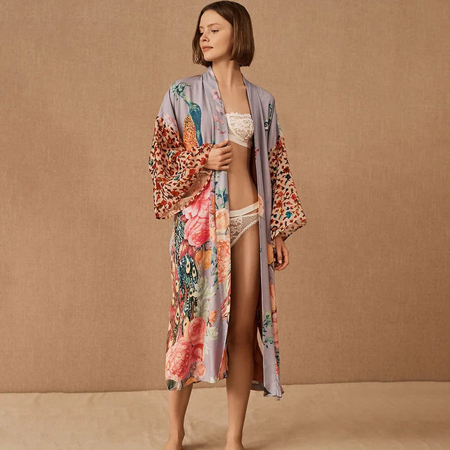 Peacock Print Beach Kimono For Women Self Belted Cover Up by zapcart