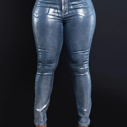 BKQU Women Pencil Pants Metallic Silver High Waist Denim by zapcart