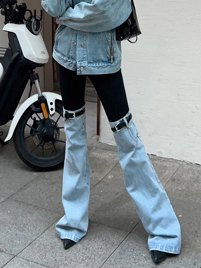BKQU Patchwork Jeans Women High Waist Wide Leg Streetwear by zapcart