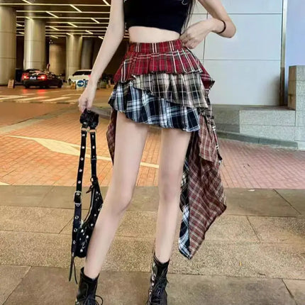 Y2K Plaid Patchwork Tassel Mini Skirt For Women Summer 2024 by zapcart